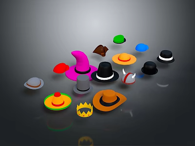 Various Colorful Hats Different Styles Including Pointed Dome Wide Brim Bowler With Decorative Details 3d model
