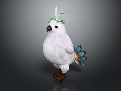 White Flying Bird With Green Feather Head Decoration Blue Brown Tail Feathers And Brown Claws 3d model