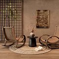 Two Wicker Rocking Chairs With Small Round Table Vase Plant Wooden Lattice Background Woven Rug