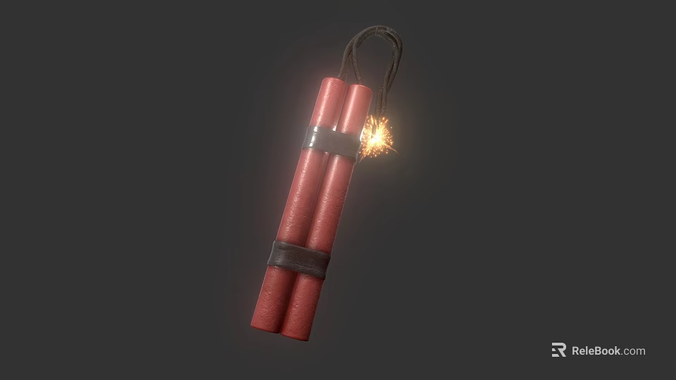 Red Dynamite With Two Cylindrical Sticks Black Straps And Burning Fuse Sparks 3d model 