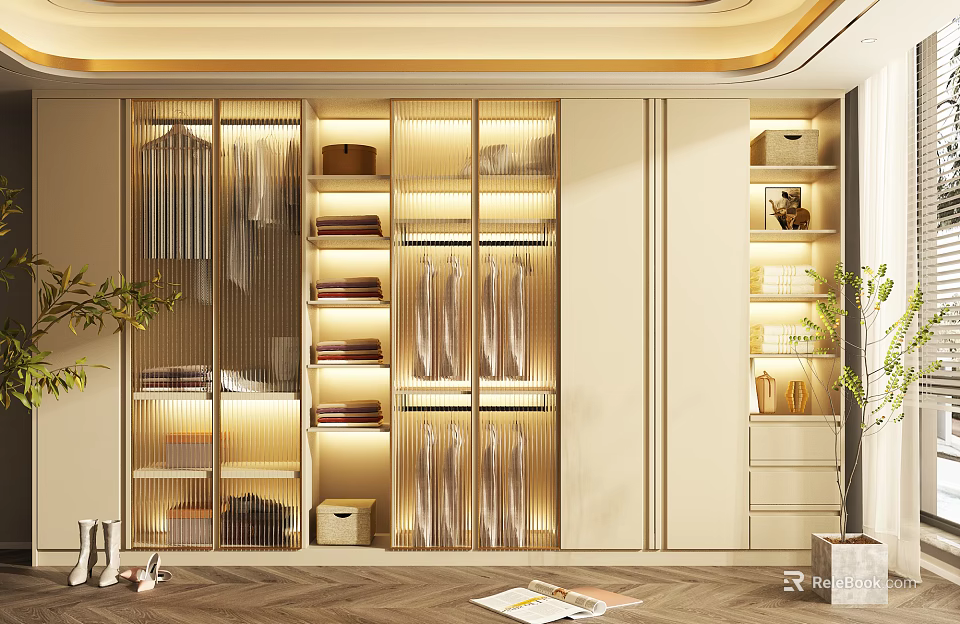 Modern Wardrobe Interior Design With Glass Doors Hanging Clothes Folded Shelves And Lighting 3d model 
