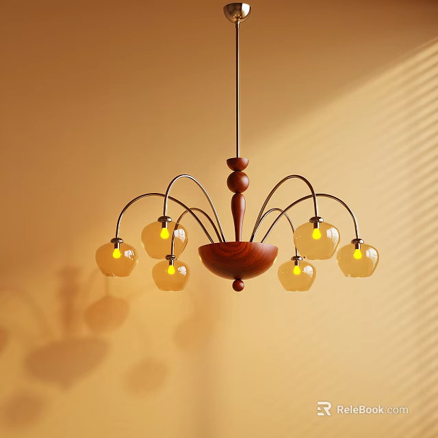 Elegant Chandelier Design With Wooden Frame And Amber Glass Shades On Warm Yellow Wall 3d model 