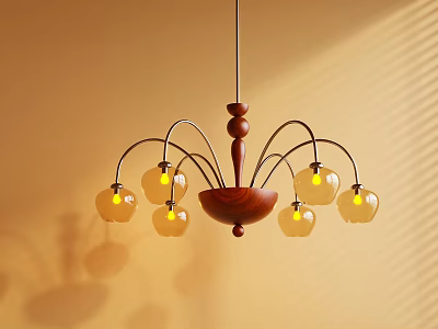 Elegant Chandelier Design With Wooden Frame And Amber Glass Shades On Warm Yellow Wall 3d model
