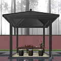 Outdoor Pavilion With Poolside Green Plants Blue Tiled Floor And Relaxation Seating