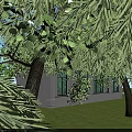 Elegant Detached Villa With Blue Roof Large Windows Balconies Green Trees Lawn And Stone Pathway