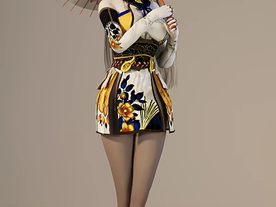 Graceful Female Character In Traditional Outfit With Floral Patterns Holding Umbrella 3d model