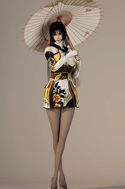 Graceful Female Character In Traditional Outfit With Floral Patterns Holding Umbrella 3d model