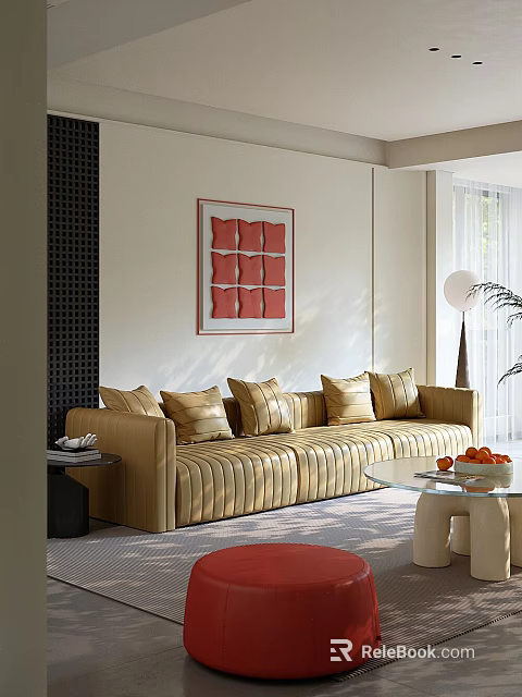 Elegant Striped Upholstered Three Seater Sofa With Soft Matching Cushions For Bright Modern Living Room 3d model 