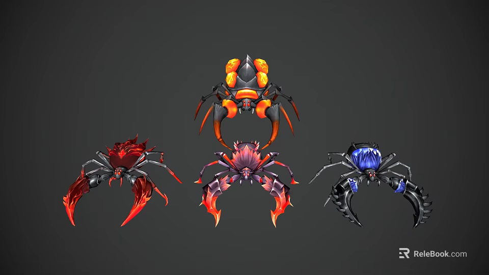 Mechanical Reptile Spider Creatures Featuring Red Blue And Orange Color Patterns 3d model 