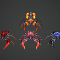 Mechanical Reptile Spider Creatures Featuring Red Blue And Orange Color Patterns 3d model