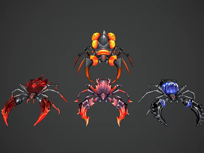 Mechanical Reptile Spider Creatures Featuring Red Blue And Orange Color Patterns 3d model