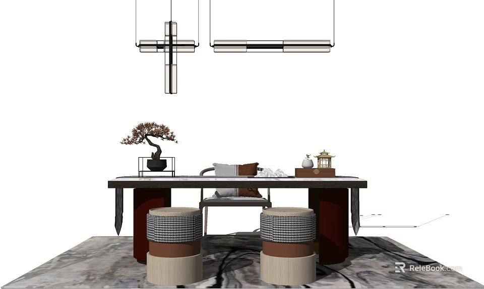Modern Home Office Desk With Hanging Lights Bonsai Tree And Decorative Stools 3d model