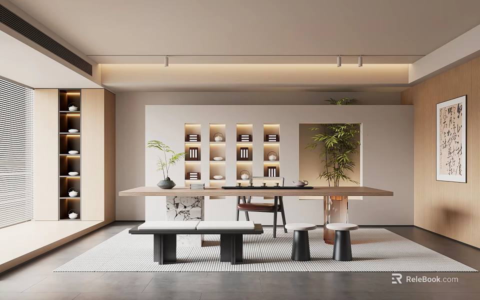 Modern Minimalist Tea Room Interior With Long Table Bookshelves And Potted Plants 3d model 