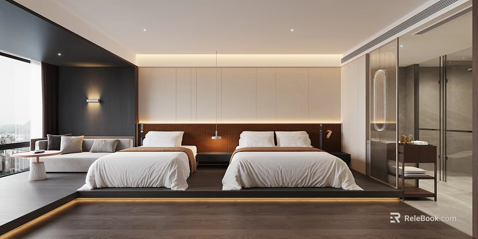 Modern Hotel Guest Room With Twin Beds White Sheets Wooden Headboard Nightstands Pendant Lights 3d model 