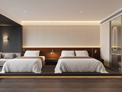Modern Hotel Guest Room With Twin Beds White Sheets Wooden Headboard Nightstands Pendant Lights 3d model