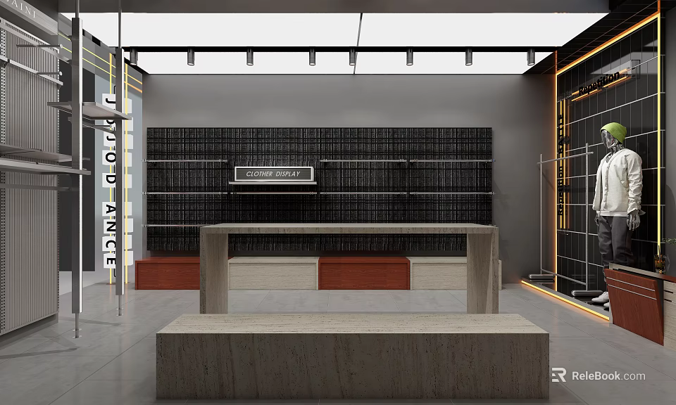 Modern Clothing Store Interior With Black Wall Shelves Central Concrete Bench And Clothing Racks 3d model 