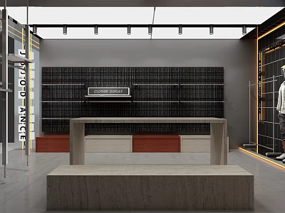 Modern Clothing Store Interior With Black Wall Shelves Central Concrete Bench And Clothing Racks 3d model