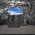 Unique Architectural Interior with Curved Stone Walls Skylight Revealing Sky Clouds Stepped Structure Cracked Floor
