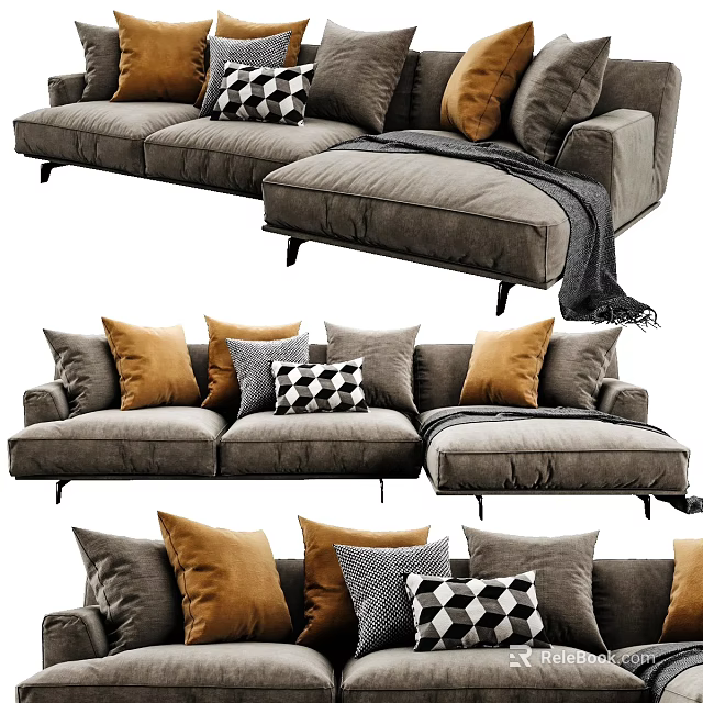 Modern Gray Sectional Sofa With Brown Gray Checkered Pillows And Soft Throw Blanket 3d model