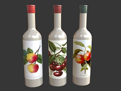 Three White Wine Bottles With Fruit Illustration Labels And Colorful Caps Design 3d model