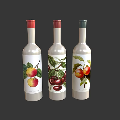 Three White Wine Bottles With Fruit Illustration Labels And Colorful Caps Design 3d model Three White Wine Bottles With Fruit Illustration Labels And Colorful Caps Design 3d model