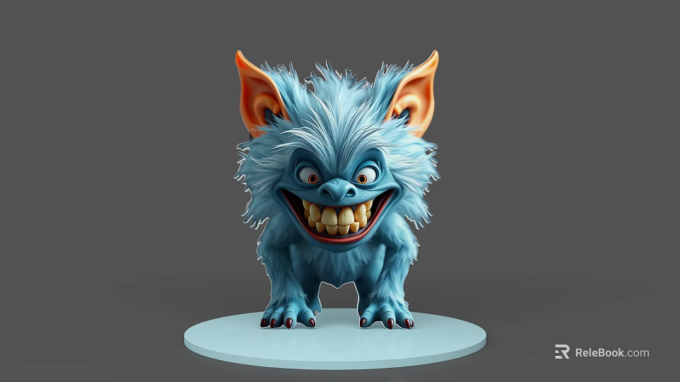 Fierce Blue Furry Game Movie Character With Large Orange Ears And Sharp Teeth 3d model 