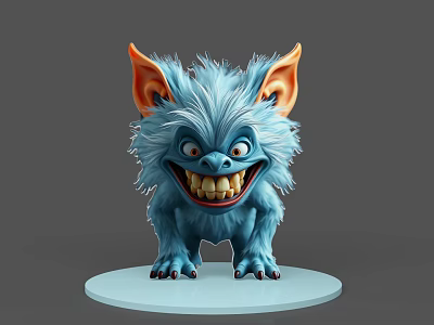 Fierce Blue Furry Game Movie Character With Large Orange Ears And Sharp Teeth 3d model