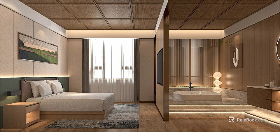 Modern Hotel Room Interior With Bed Window Curtains TV Bathtub And Wooden Ceiling 3d model 