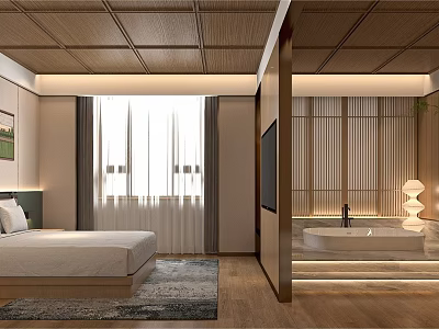 Modern Hotel Room Interior With Bed Window Curtains TV Bathtub And Wooden Ceiling 3d model