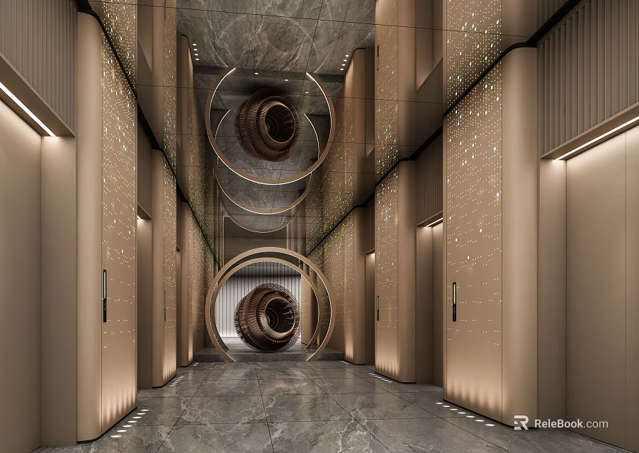 Modern Luxury Elevator Interior Design With Marble Floor Metallic Walls And Spiral Elements 3d model