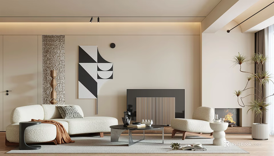 Modern Living Room Interior With White Sofa Fireplace Abstract Painting And Coffee Table 3d model 