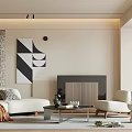 Modern Living Room Interior With White Sofa Fireplace Abstract Painting And Coffee Table