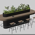 Contemporary Oval Wooden Bar Counter With Central Greenery Planter And Four Stylish Matching Bar Stools