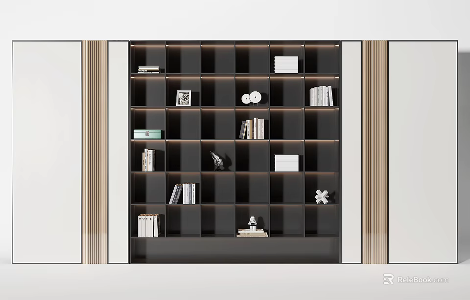 Black Multi Grid Decorative Cabinet With Books Photo Frames Clock Sculptures And Side Mirrors 3d model