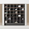 Black Multi Grid Decorative Cabinet With Books Photo Frames Clock Sculptures And Side Mirrors