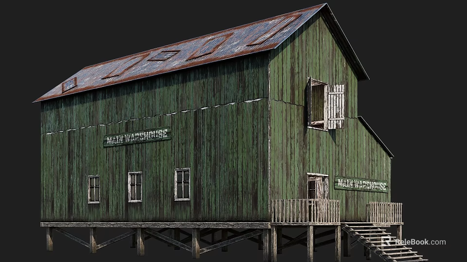 Green Wooden Mill Wharf Storehouse with Rusty Metal Roof Stilted Base and Windows with Shutters 3d model 