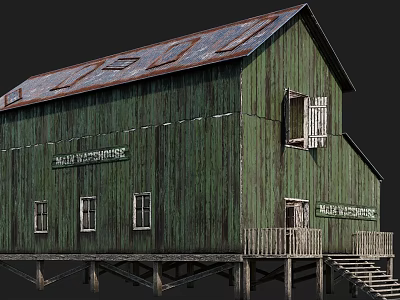 Green Wooden Mill Wharf Storehouse with Rusty Metal Roof Stilted Base and Windows with Shutters 3d model
