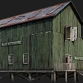 Green Wooden Mill Wharf Storehouse with Rusty Metal Roof Stilted Base and Windows with Shutters