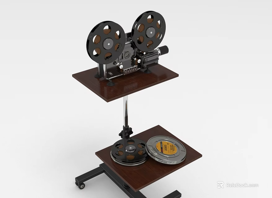 Vintage Projection Monitoring Equipment With Film Reels On Wooden Stand And Table 3d model 
