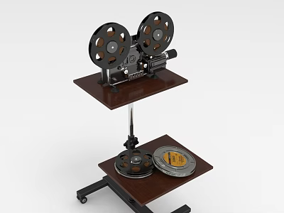 Vintage Projection Monitoring Equipment With Film Reels On Wooden Stand And Table 3d model
