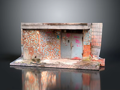Aged Small Building Structure With Weathered Brick Wall Sticker And Rusty Metal Door 3d model