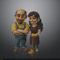 Friendly Cartoon Cleaning Characters With Male In Blue Overalls And Female Holding Broom