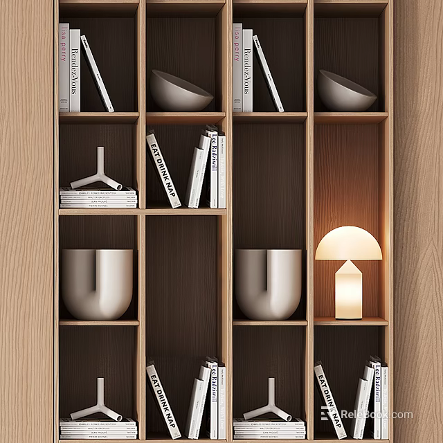 Stylish Books And Magazines On Modern Wooden Bookshelf With Decorative Bowls Vases And Lamp 3d model 