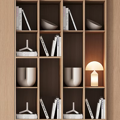Stylish Books And Magazines On Modern Wooden Bookshelf With Decorative Bowls Vases And Lamp 3d model