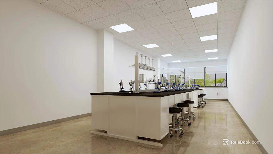 Modern Laboratory Interior With Lab Benches Equipment And Rolling Stools Bright Lighting And White Walls 3d model 