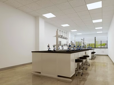 Modern Laboratory Interior With Lab Benches Equipment And Rolling Stools Bright Lighting And White Walls 3d model