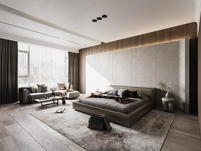 Elegant Modern Bedroom Interior With Large Bed Sofa Area And Plush Rug 3d model