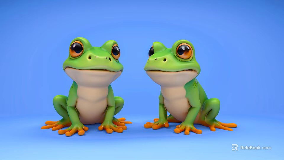 Green Aquatic Frogs With Big Eyes And Orange Toes On Blue Background 3d model 