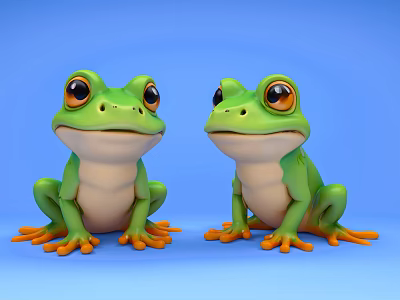 Green Aquatic Frogs With Big Eyes And Orange Toes On Blue Background 3d model