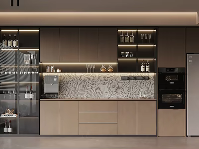 Modern Sideboard Cabinet With Marble Backsplash LED Lighting Wine Rack And Glassware Storage 3d model